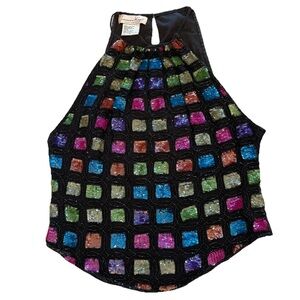 VTG Laurence Kazar Silk Multicolor Sequin Beaded Halter Top Medium 80's